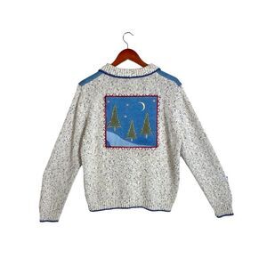 VTG Pine Trees Embroidered Ivory Silk Blend Knit & Denim Button Front Jacket